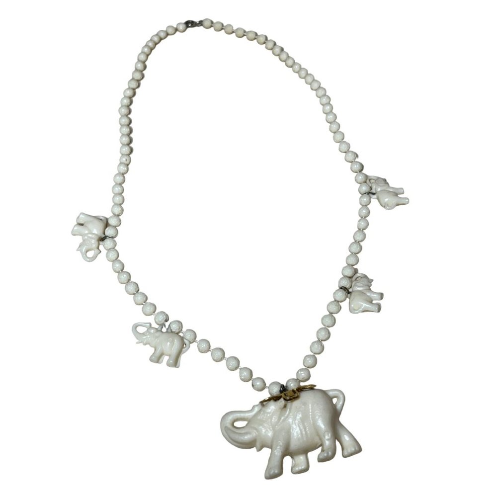 Vintage Celluloid Elephant Charm & Carved Rose Bead Necklace 24"